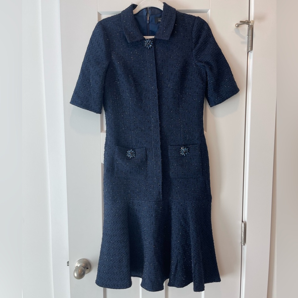 Teri Jon by Rickie Freeman: Navy Blue Tweed Dress with Floral Accents